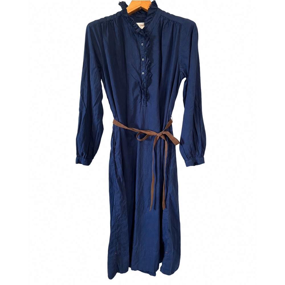Xirena Midi Dress Wns Medium Navy Blue Excellent Cotton Ruffle Belted Long Slv - Picture 2 of 16